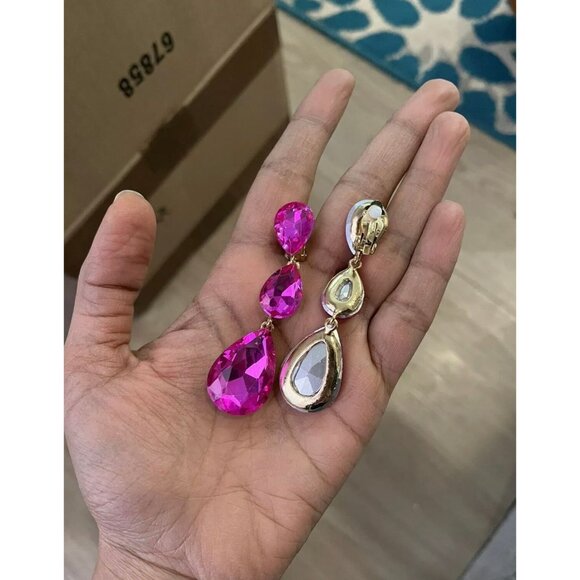 3 inch clip on fuchsia hot pink gold rhinestone crystal teardrop pageant - Picture 3 of 7